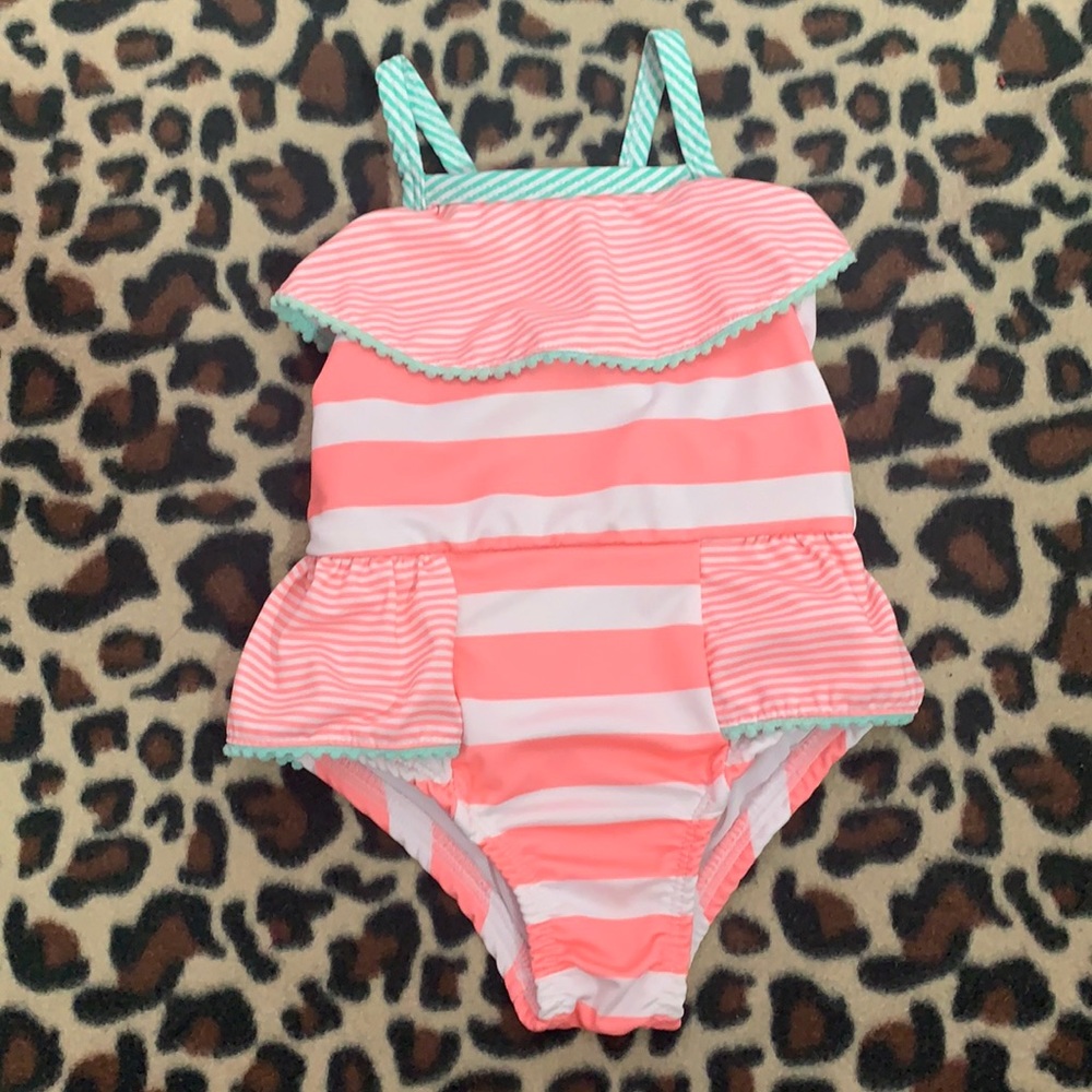 Penelope Mack one piece swimsuit peach/light green stripes ,ruffles and bow